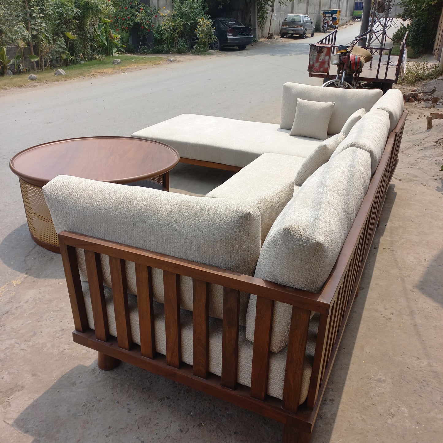 7 seater l shape sofa set with wooden polish back