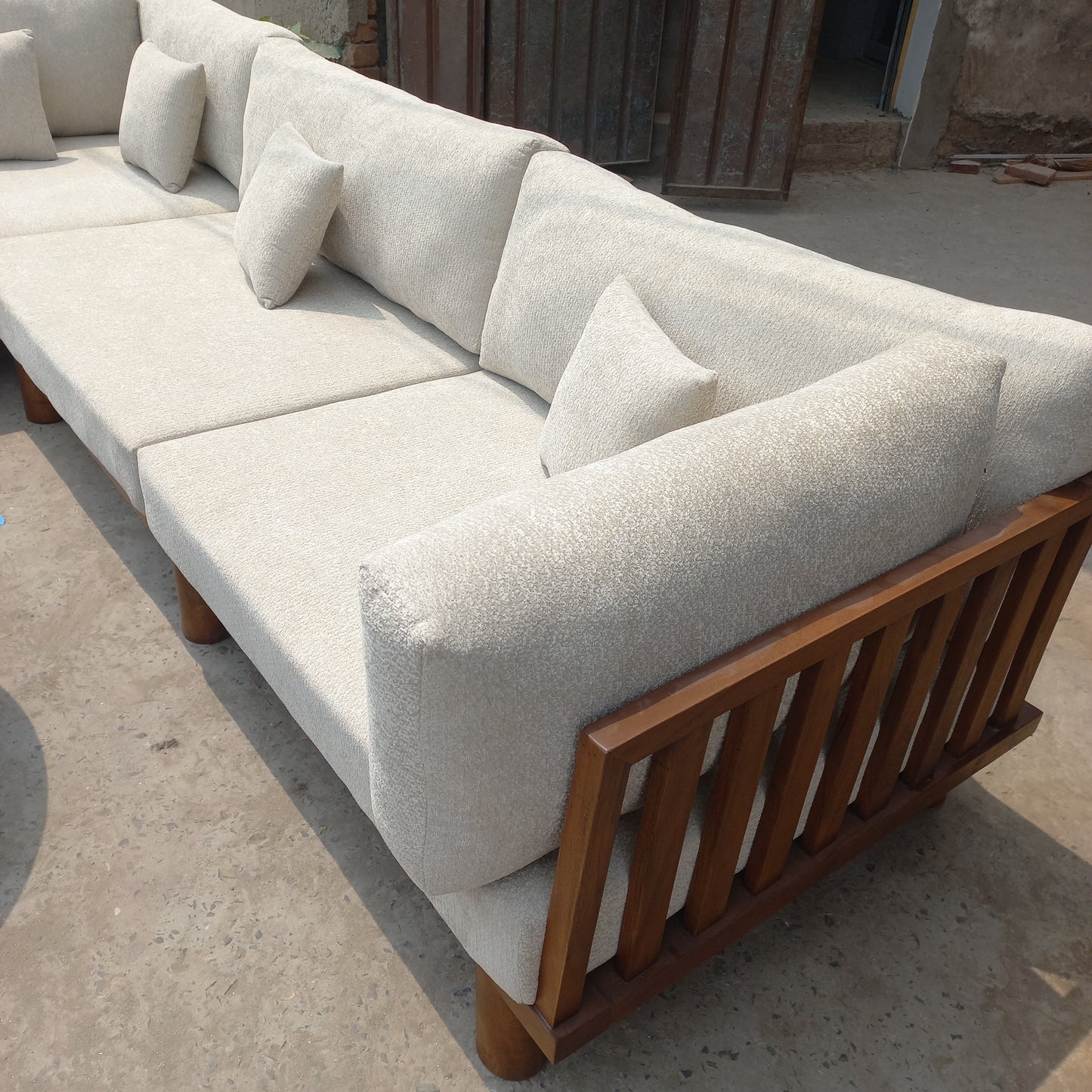7 seater l shape sofa set with wooden polish back