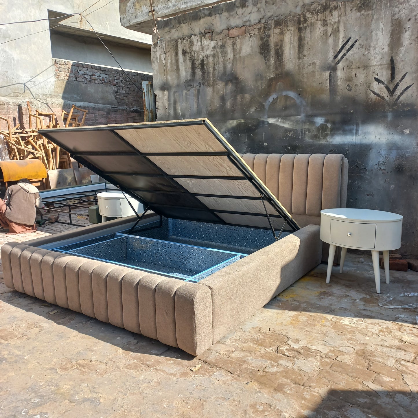Lining bed with side tables and storage