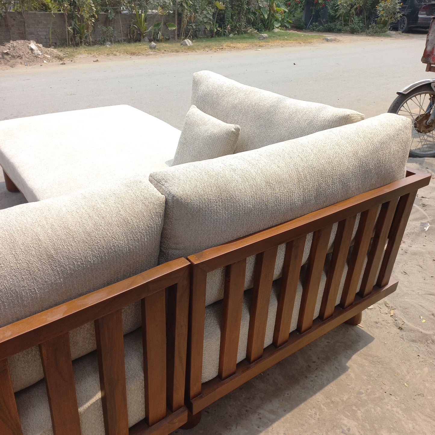 7 seater l shape sofa set with wooden polish back