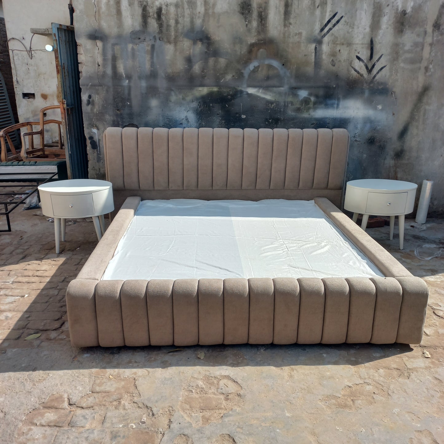 Lining bed with side tables and storage