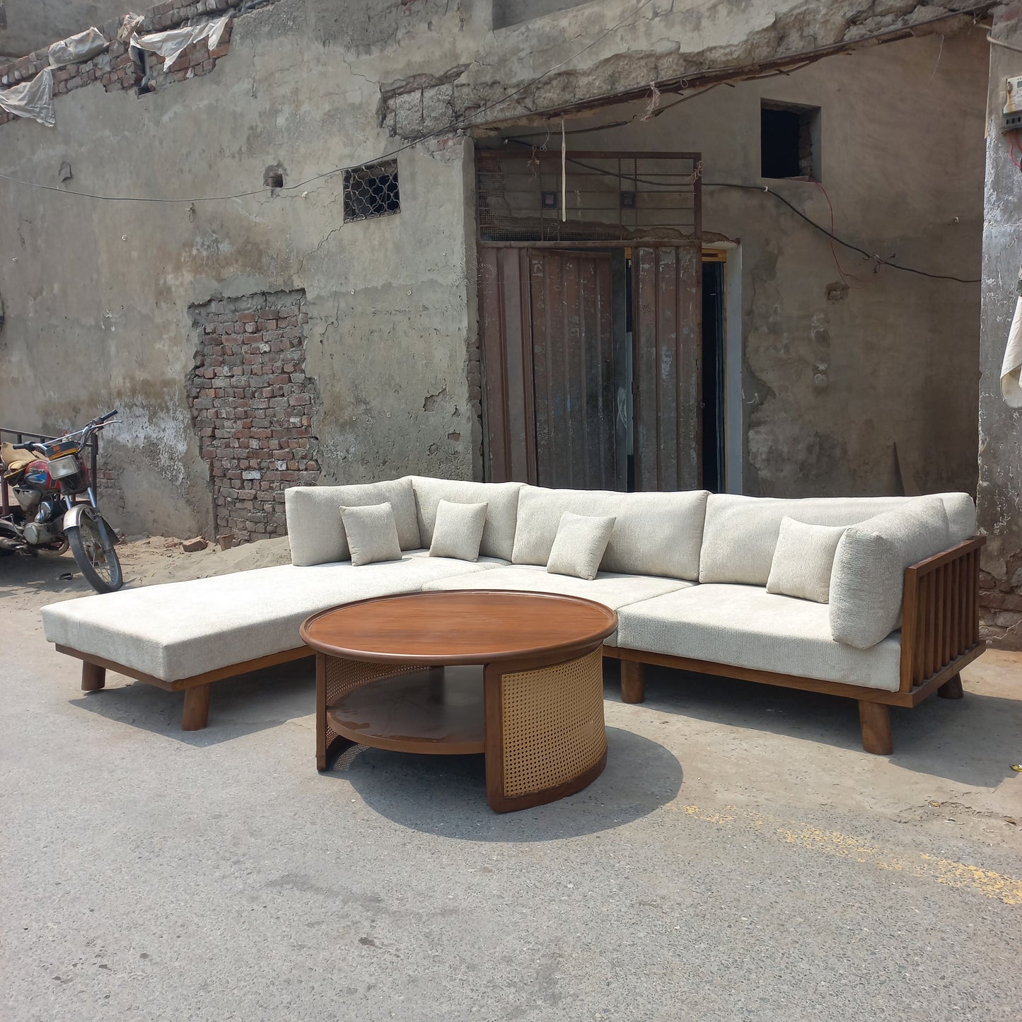 7 seater l shape sofa set with wooden polish back