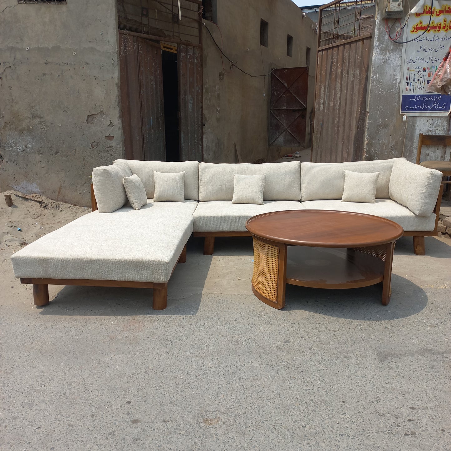 7 seater l shape sofa set with wooden polish back
