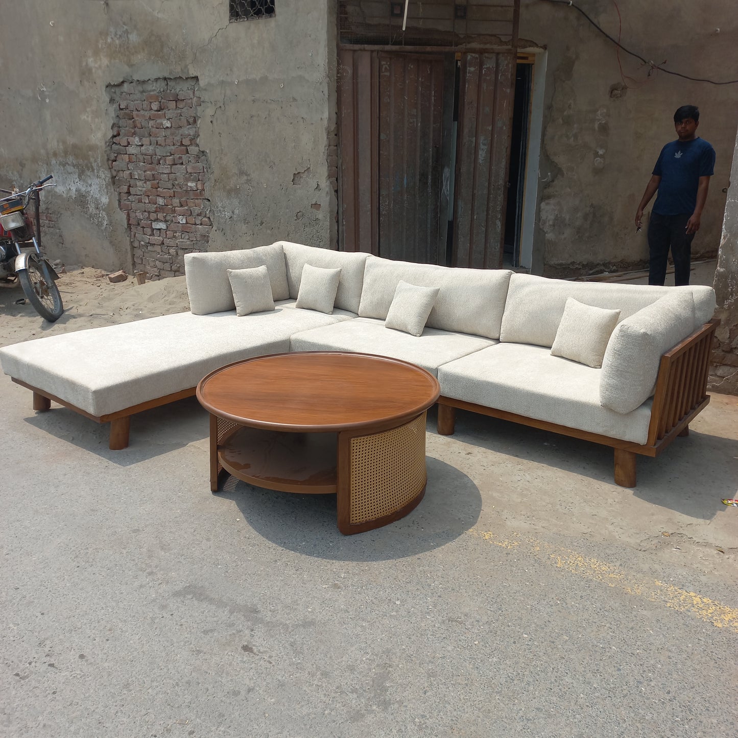 7 seater l shape sofa set with wooden polish back