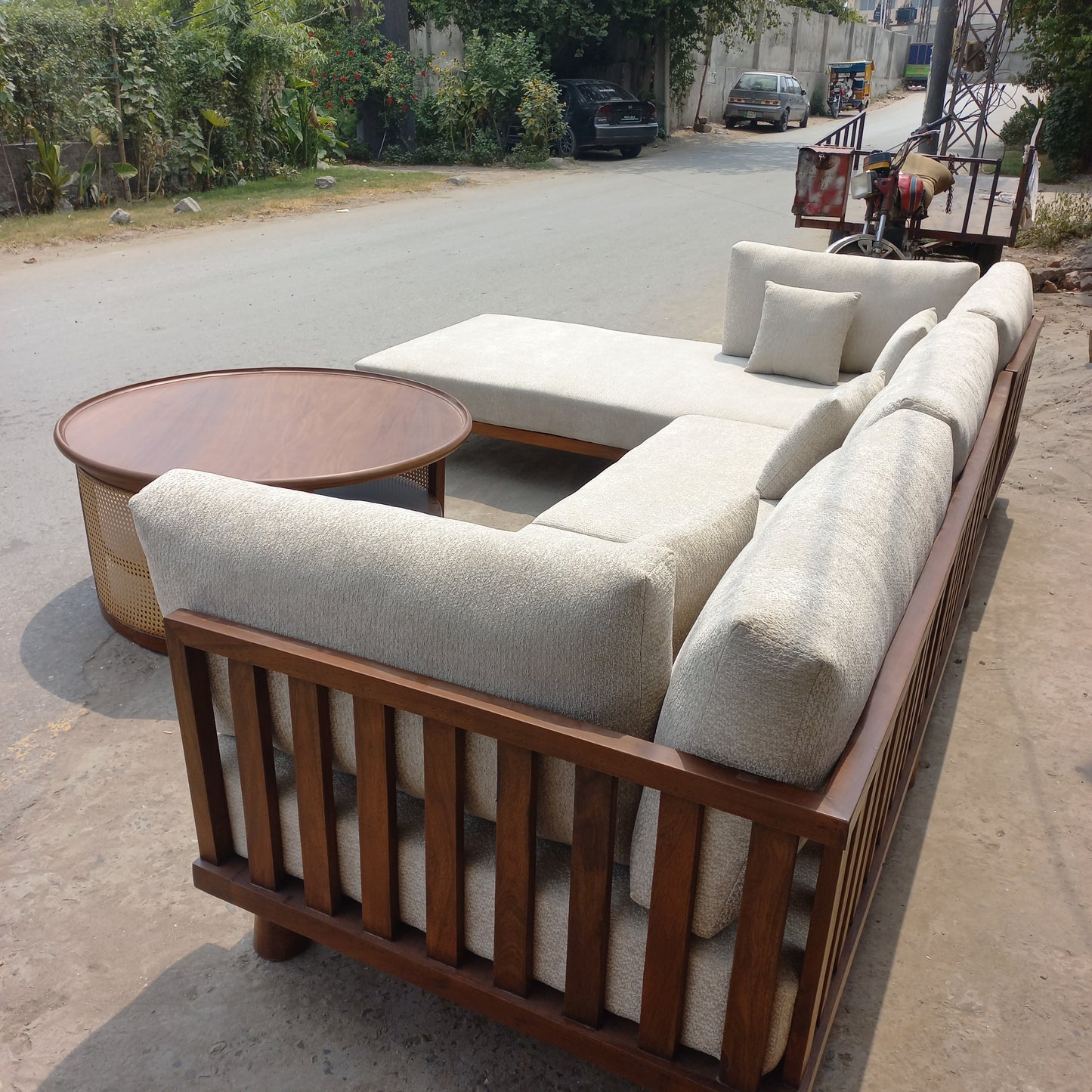 7 seater l shape sofa set with wooden polish back