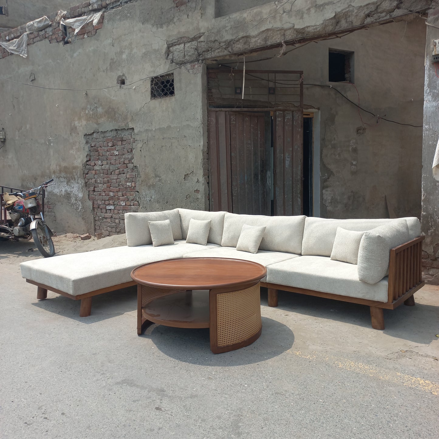 7 seater l shape sofa set with wooden polish back