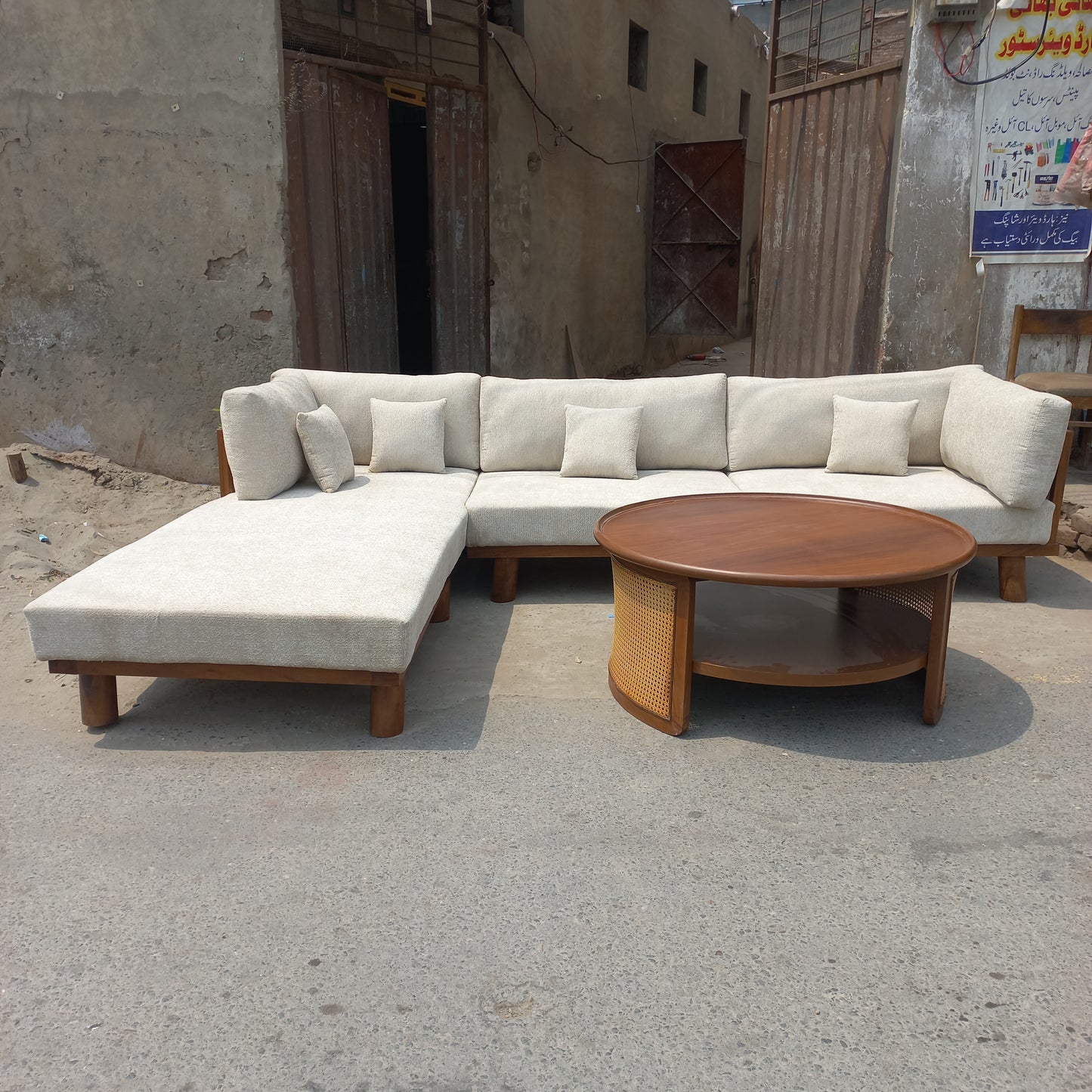 7 seater l shape sofa set with wooden polish back