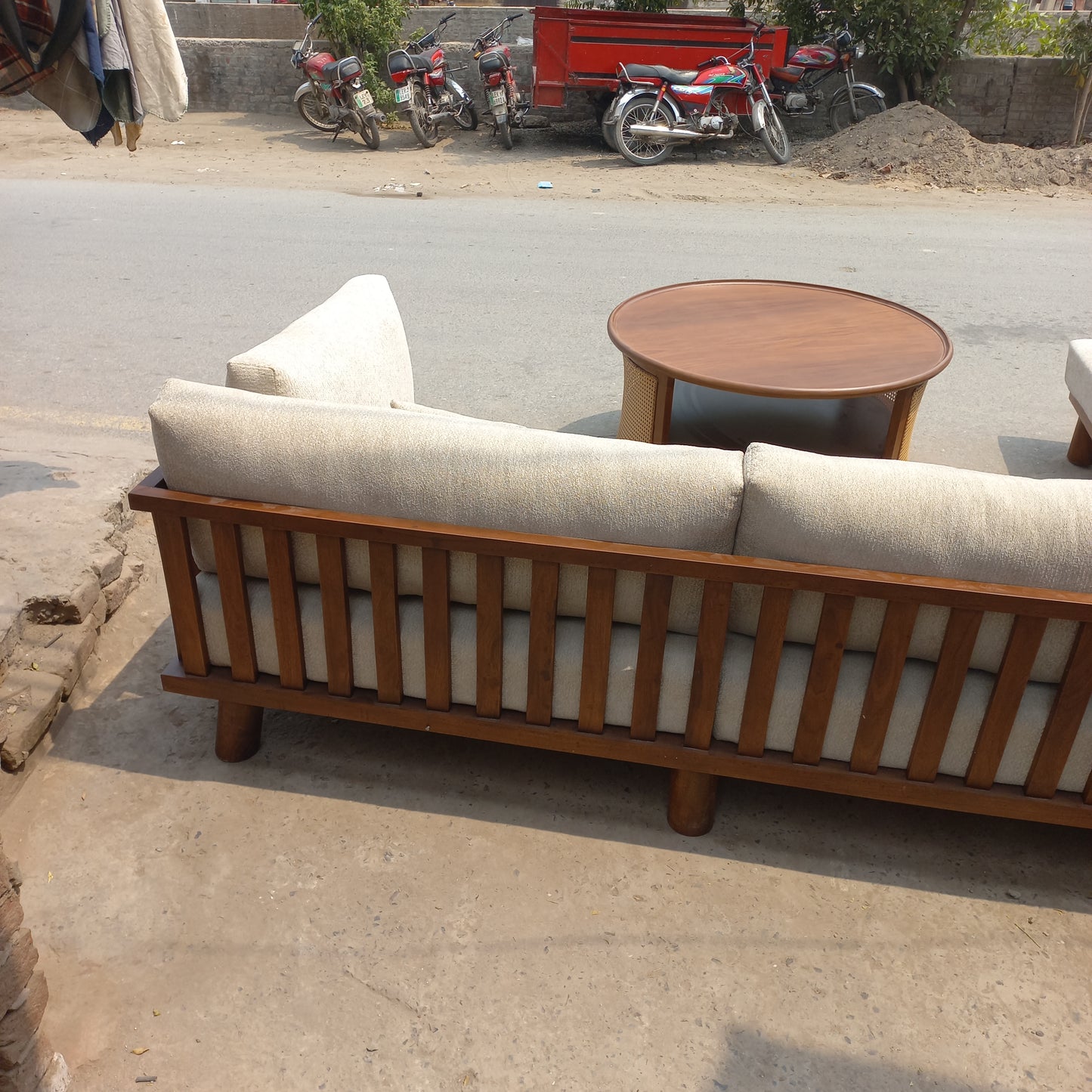 7 seater l shape sofa set with wooden polish back