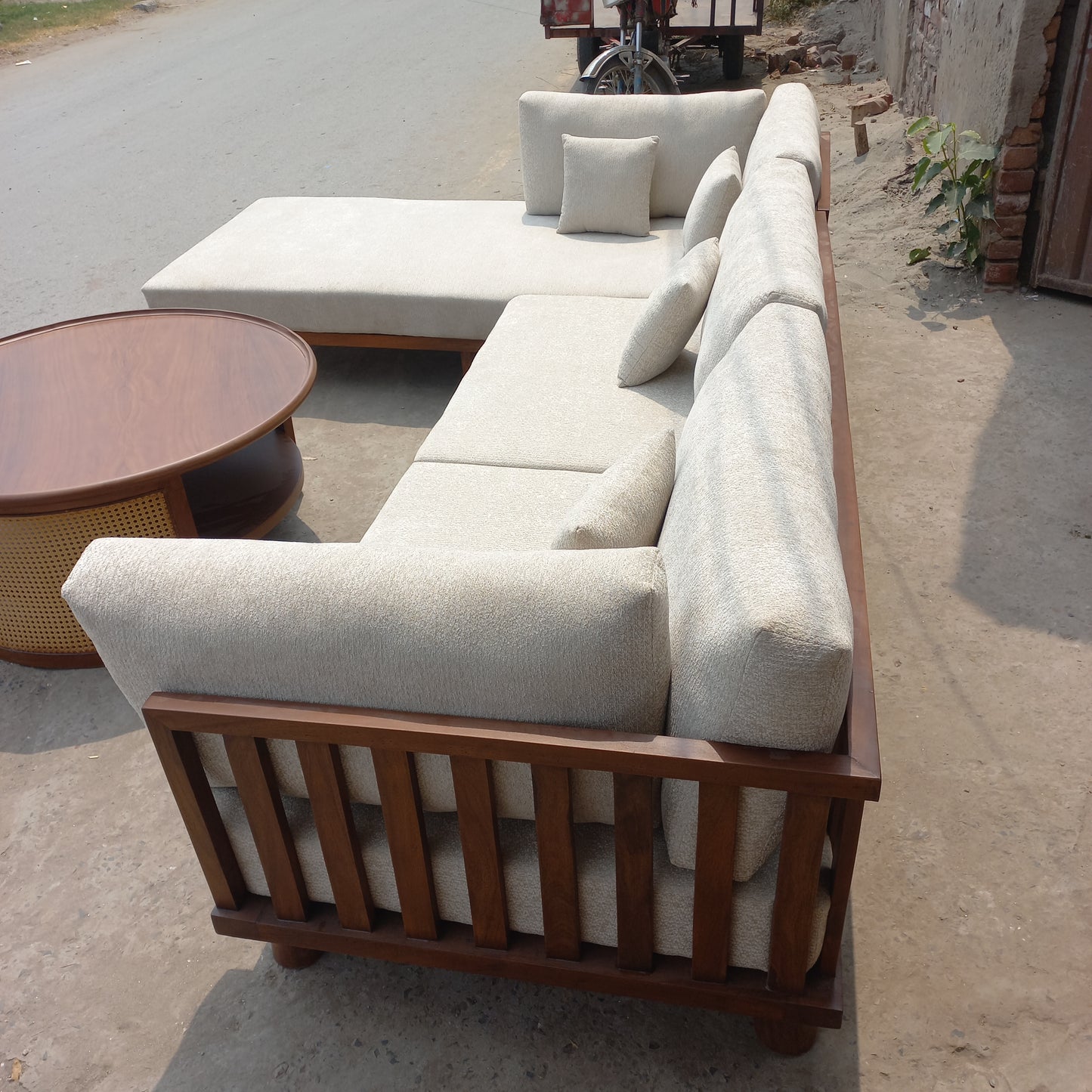 7 seater l shape sofa set with wooden polish back