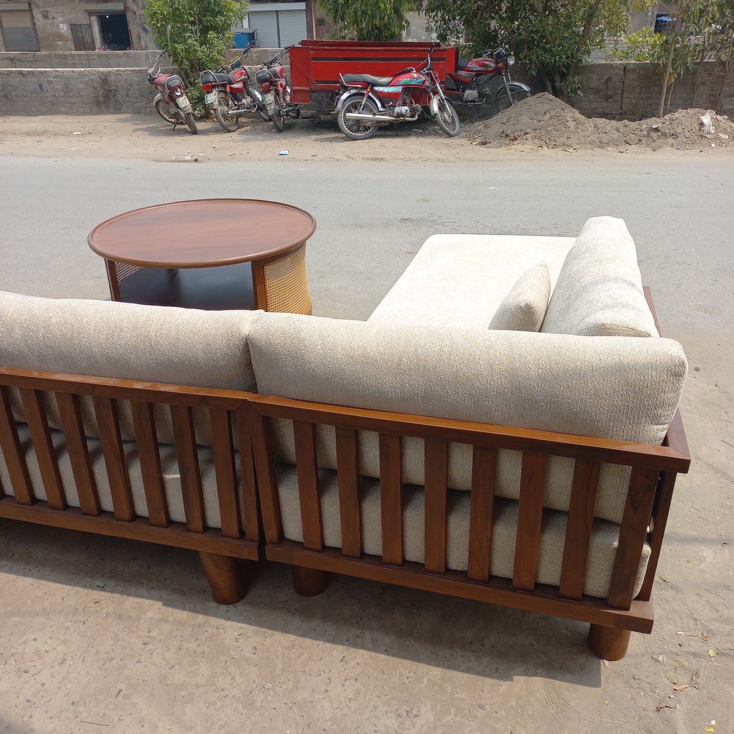 7 seater l shape sofa set with wooden polish back
