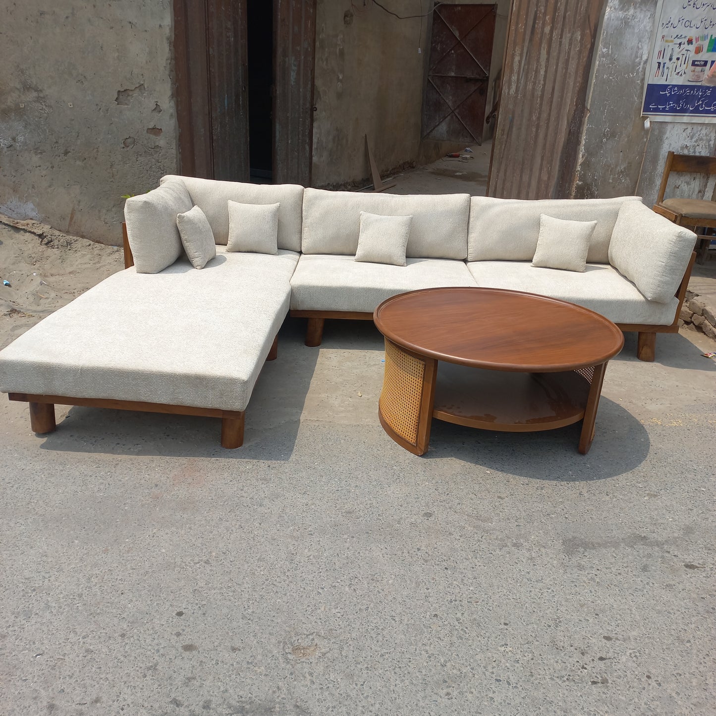 7 seater l shape sofa set with wooden polish back