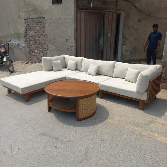 7 seater l shape sofa set with wooden polish back